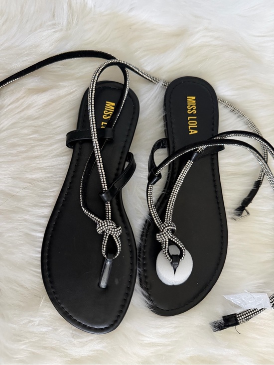 Miss Lola Shoes - Miss Lola Black Rhinestone Knot T-Strap Sandals